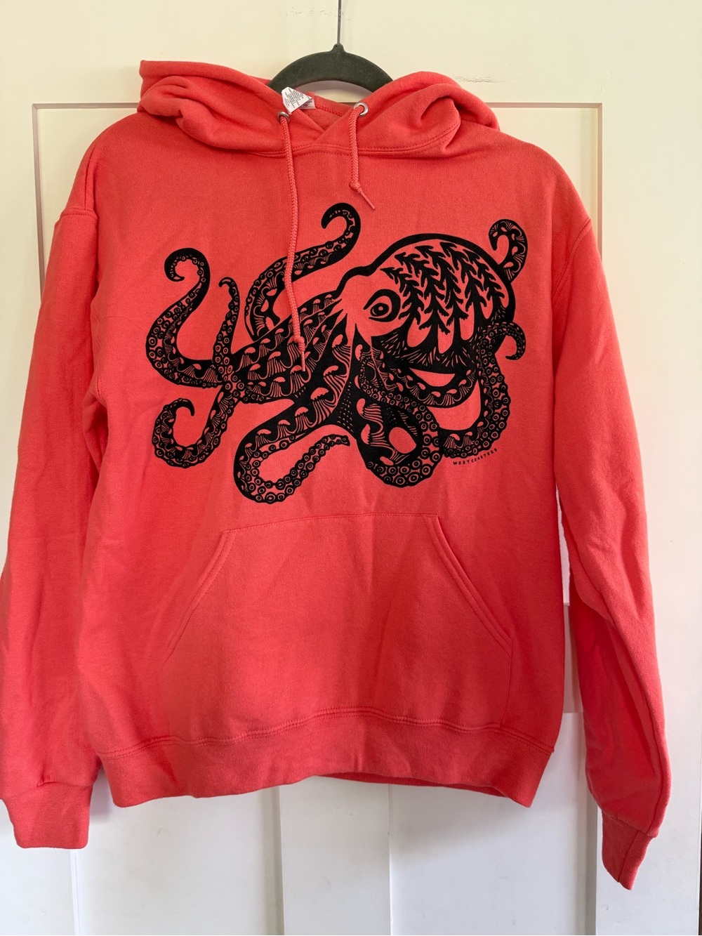 Coral Women's Hoodie with Black Octopus Graphic